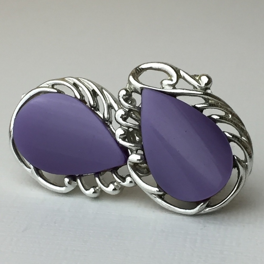 Vintage Purple Teardrop Silver Clip On Earrings